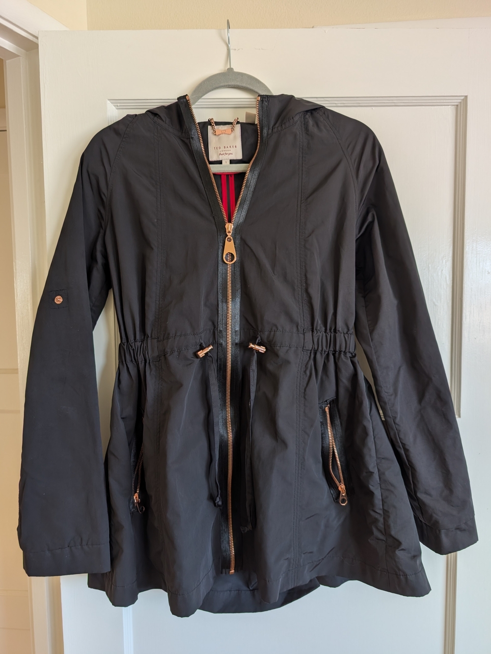 Ted Baker Black Hooded Trench with Rose-Gold Hardware